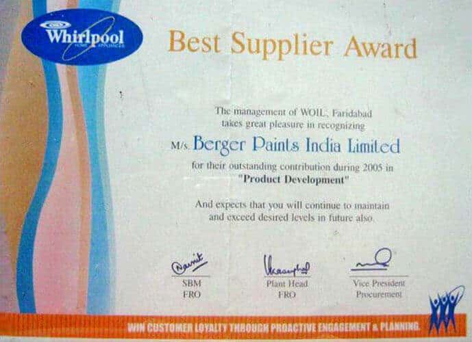 Best Supplier Award Outstanding contribution in Product Development OEM customer M/S Whirlpool - 2005, Faridabad