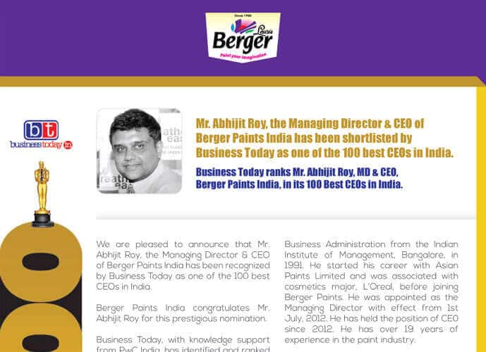 Business Today ranks Mr. Abhijit Roy, MD & CEO, Berger Paints India, in its 100 Best CEOs in India