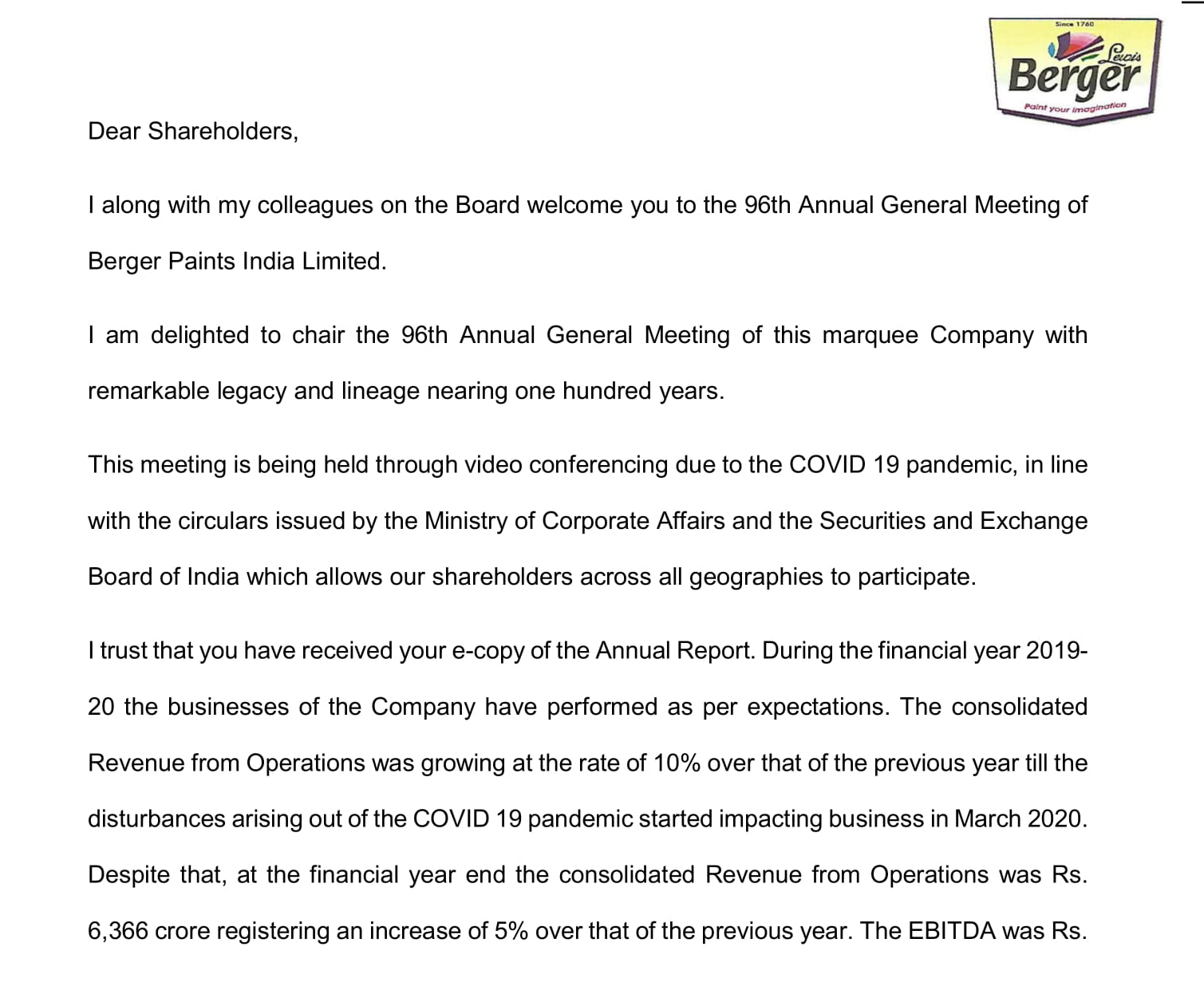 board's message to shareholders